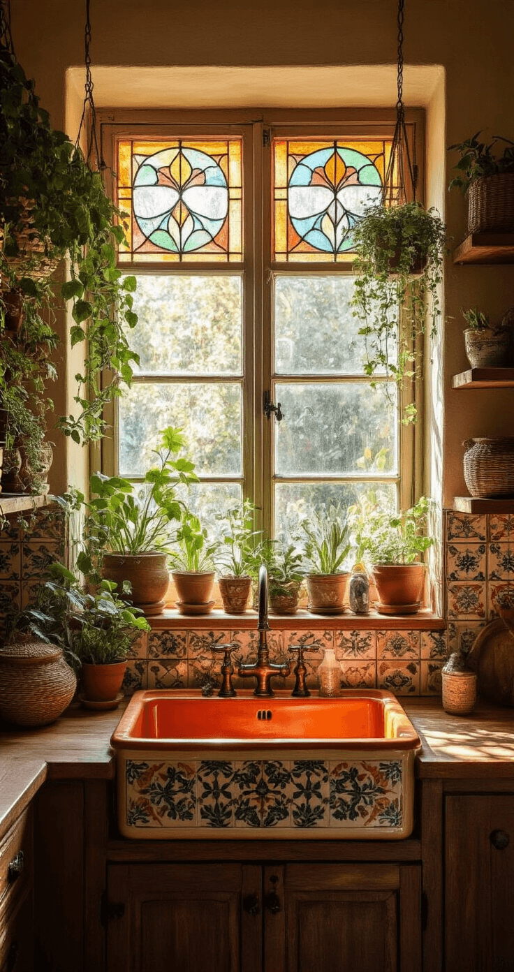 A bohemian kitchen with an eclectic garden window filled with trailing plants, crystals, and small artwork, featuring warm afternoon light, colorful ceramic sink, stained glass panels, patterned cement tiles, and woven baskets.
