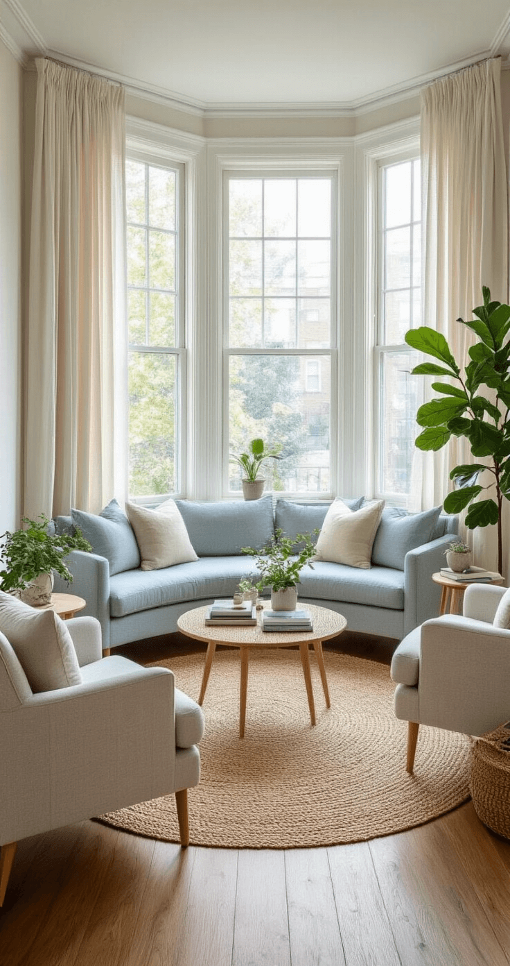 Bright, airy living room with an L-shape, featuring a large bay window, compact loveseat, two armchairs, round jute rug, small side tables with plants and books, soft blue and cream color palette, and a tall fiddle leaf fig, captured from the entrance at eye level.