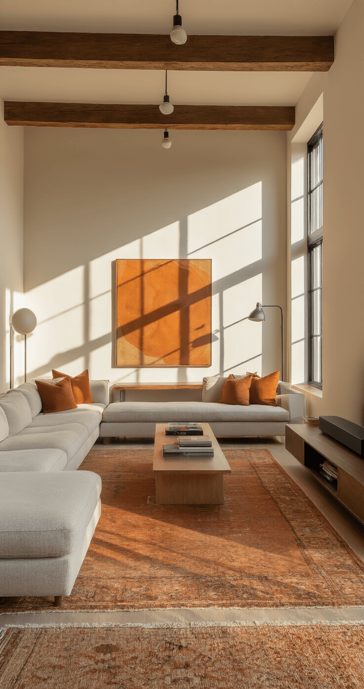 A narrow, rectangular living room with high ceilings and exposed wooden beams, featuring a sleek sectional, low-profile media console, and a large abstract painting. Warm earth tones and burnt orange accents are present, with two area rugs defining the seating area and a small work nook. Golden hour light casts long shadows, and ambient lighting from floor lamps adds a cozy atmosphere.