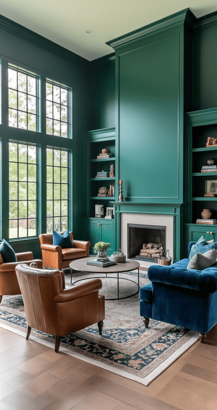 A cozy square living room with emerald green walls and sapphire blue accents, featuring a central fireplace surrounded by leather armchairs and a plush velvet sofa arranged in a horseshoe. A large round coffee table sits in the middle, with bookcases flanking the fireplace. Mid-morning light floods the space, enhanced by soft overhead lighting, all captured from a corner angle.