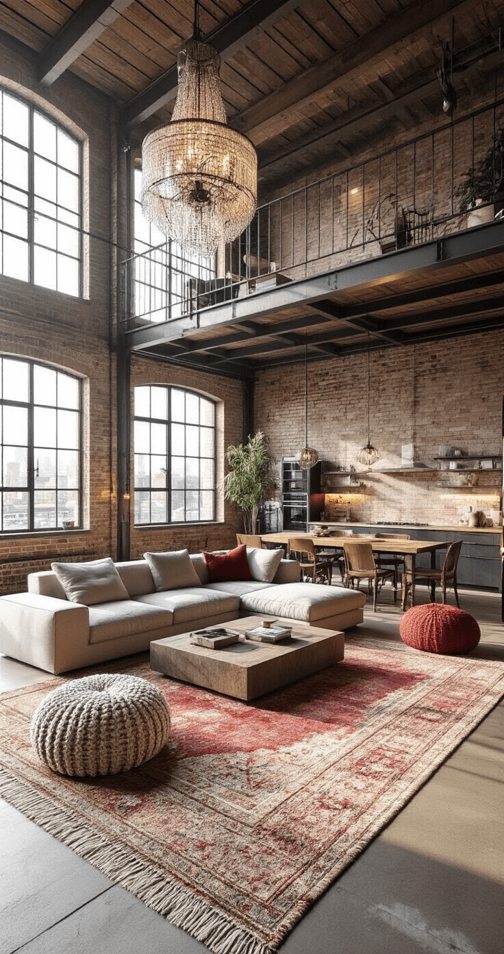 An open-concept loft-style living area with 20-foot ceilings, industrial windows, and late afternoon sun casting dramatic shadows, featuring a large sectional, chunky knit pouf, a massive area rug, a farmhouse dining table, metal and wood materials with deep red accents, a low-hanging statement chandelier, and accent lighting highlighting architectural features, captured from a mezzanine level.