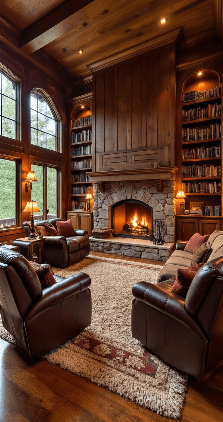 A cozy den-style living room with dark wood paneling, featuring a large stone fireplace and two oversized leather recliners facing a small loveseat. A plush rug covers the hardwood floor, with bookshelves lining one wall. The warm glow of lamplight and rich autumnal colors create an intimate atmosphere.