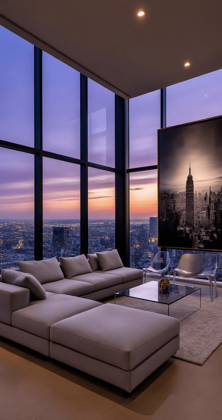 A modern living room featuring floor-to-ceiling windows with a cityscape view at dusk, a light gray sectional sofa, molded plastic chairs, and a glass coffee table, complemented by a monochromatic color scheme with gold accents and a large black and white photograph on one wall.