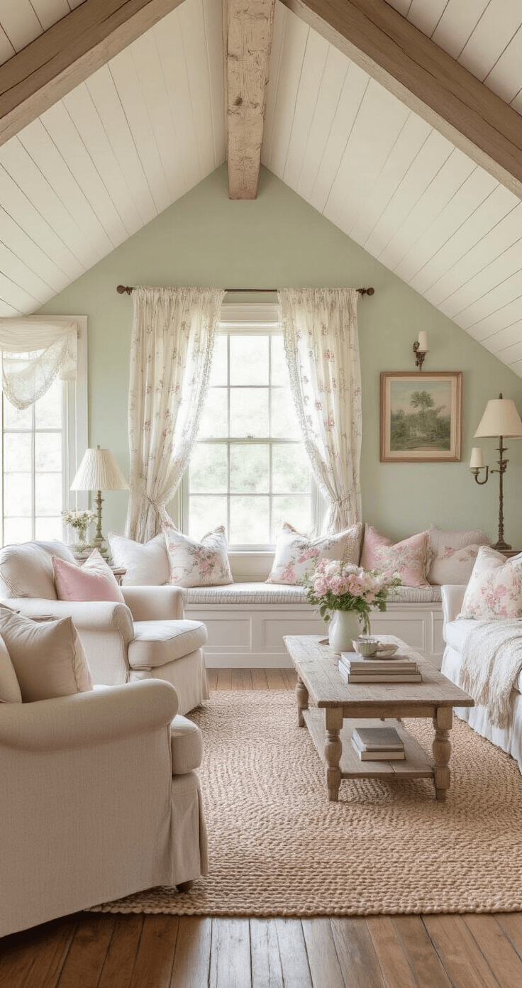 A cozy cottage living room with sloped ceilings and exposed beams, featuring mismatched armchairs and a petite loveseat around a distressed wood coffee table. Soft morning light filters through lace curtains, illuminating the pastel floral decor on the walls. A braided rag rug defines the seating area, while a window seat piled with pillows offers extra comfort.