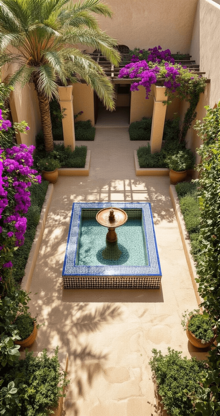 Aerial view of a sunlit walled courtyard garden featuring a central copper fountain, surrounded by four symmetric raised beds with blue zellige tile edges, mature date palms at each corner, and purple bougainvillea draping from a wrought iron pergola, all bathed in soft morning light.
