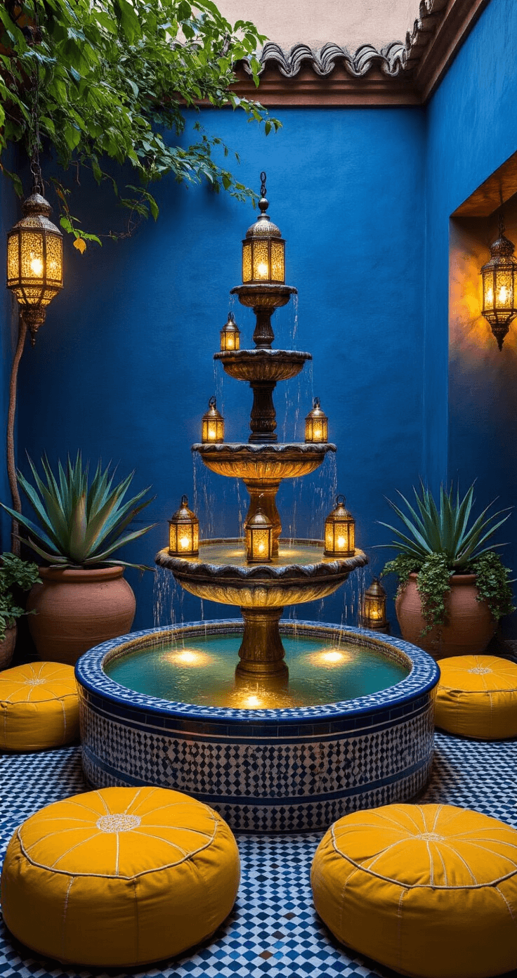 Intimate courtyard scene featuring a 3-tiered Moroccan fountain illuminated by brass lanterns, with shimmering water and reflections on mosaic tiles, surrounded by blue-painted walls, terra-cotta planters with agave and jasmine, and saffron yellow Moroccan poufs, captured during blue hour for a romantic and mysterious ambiance.