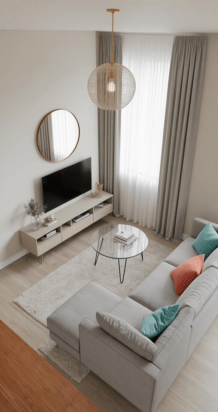 A compact living room featuring a mid-century modern gray sofa, round glass coffee table, and narrow console table, with sheer curtains letting in mid-morning light, a large mirror reflecting the space, and accents of teal and coral.