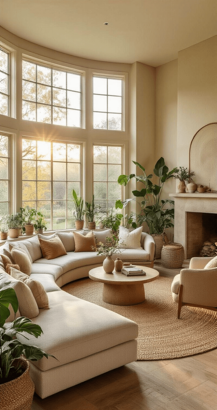 A cozy 18x22 ft living room with a large bay window, off-center fireplace, curved beige sectional, round jute rug, and earthy color palette, warmly lit during golden hour.