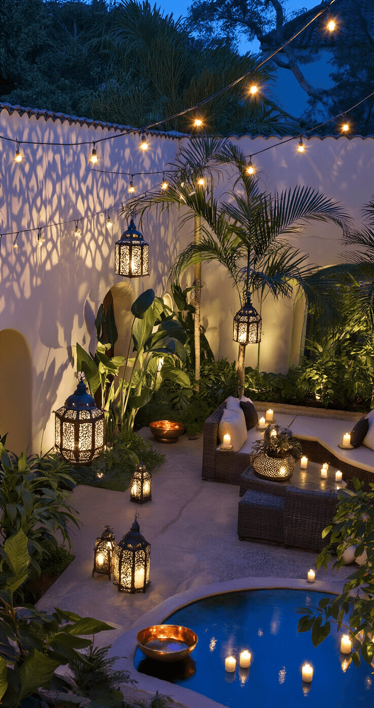 Overhead view of a night garden featuring pierced metal lanterns casting intricate shadows on white plaster walls, with string lights creating a canopy above a seating area, uplighting highlighting palm trees and architectural plants, and floating candles in copper bowls reflecting in a tranquil fountain, all captured in a long exposure to convey a magical and intimate atmosphere.