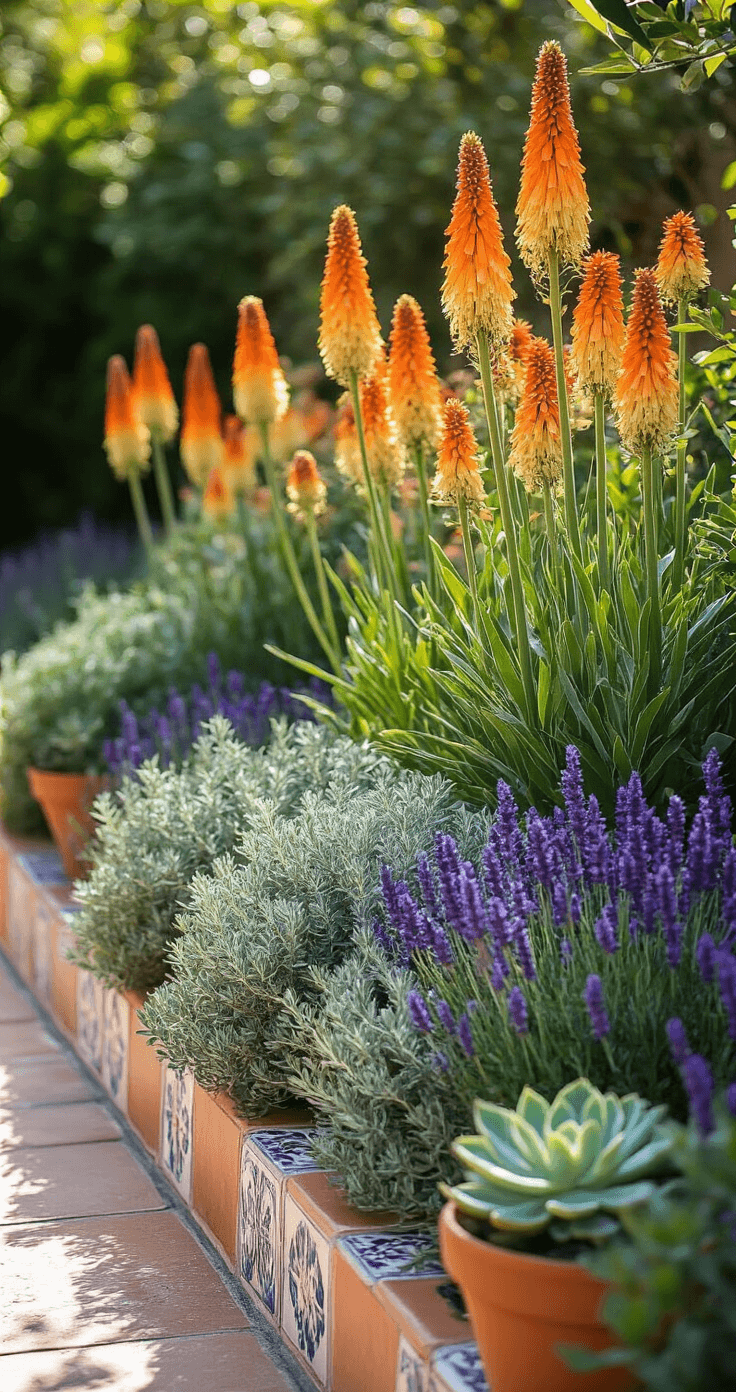 A vibrant garden scene showcasing tall orange Kniphofia spikes behind mounded silver-leafed artemisia in a raised bed edged with vintage tiles, deep purple salvia providing contrast, and trailing rosemary softening the edges, with terra-cotta containers featuring succulent specimens, all illuminated by morning backlight to highlight the plant silhouettes.
