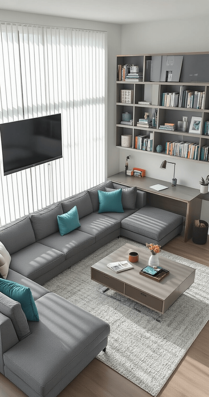 A versatile 16x20 ft living room/home office featuring a sleek charcoal gray sectional, a long wall-mounted desk, a large bookshelf as a room divider, and a coffee table that expands into a dining table, illuminated by early morning light through vertical blinds, with cool gray and white colors accented by teal and orange accessories.
