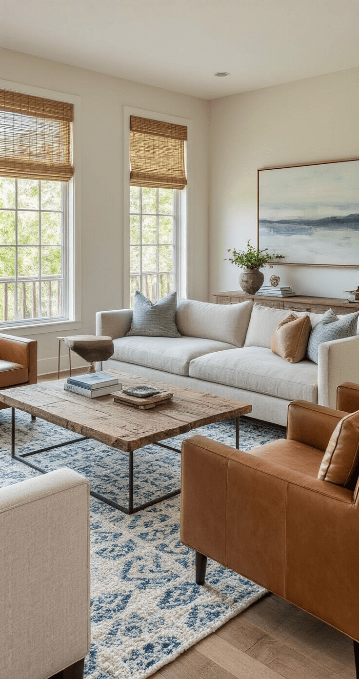 A cozy living room with an open floor plan, featuring a modern light linen sofa, two leather armchairs, and a rustic wood coffee table on a geometric area rug, illuminated by soft afternoon light filtering through bamboo shades.