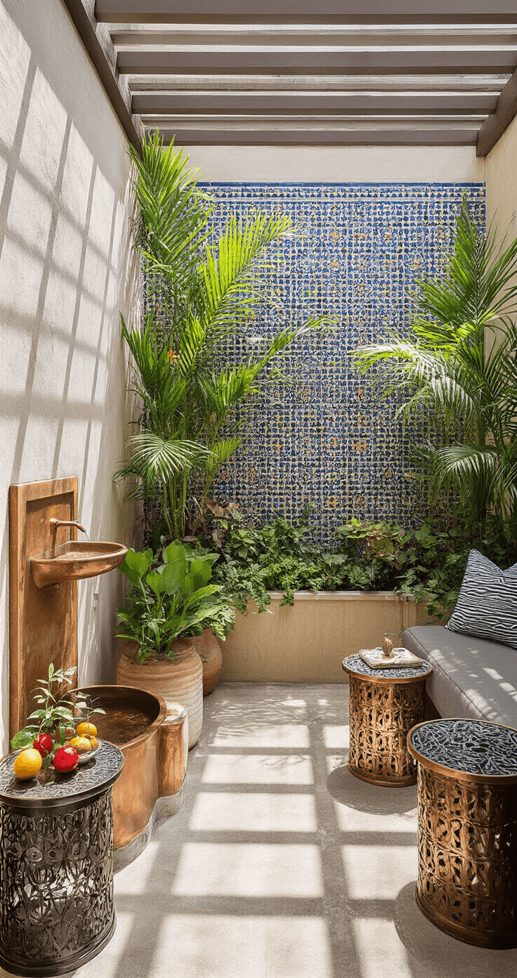 A cozy urban courtyard featuring a tiled accent wall with a copper fountain, surrounded by a vertical garden of palms, citrus, and herbs. Moroccan side tables and floor cushions provide intimate seating, with afternoon light filtering through a pergola, creating geometric shadows.