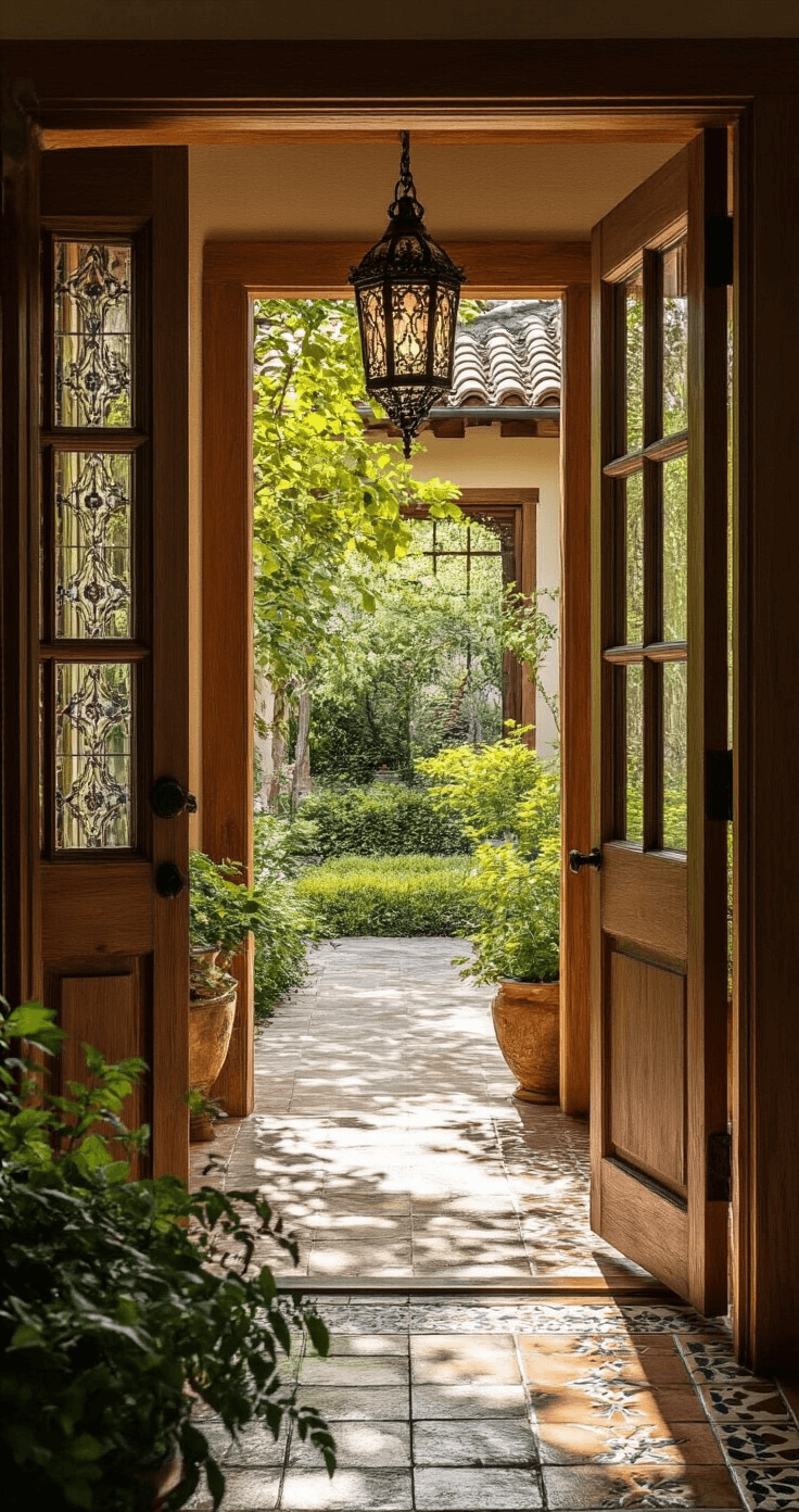 Close-up of a hand-carved cedar door frame leading to a garden, surrounded by traditional glazed tile work. A wrought iron lantern casts intricate shadows, and potted herbs add fragrance. The scene is bathed in warm late afternoon golden light, emphasizing the artisanal and authentic mood. Shot from a low angle to highlight the height of the entrance.