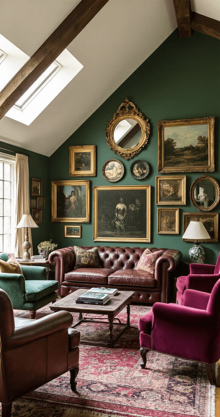 An eclectic living room featuring a vintage leather Chesterfield sofa, mismatched jewel-toned armchairs, and a collection of nesting tables. Exposed beams and a sloped ceiling are illuminated by dappled late morning light, with rich colors like deep greens and burgundies enhancing the bohemian atmosphere. Gallery walls filled with art and mirrors draw the eye upward, showcasing various textures and moody lighting.
