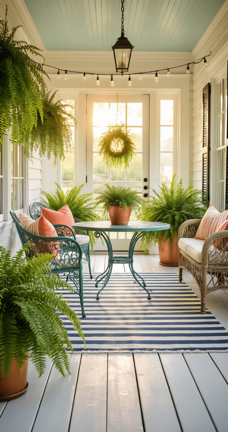A sunlit front porch with a vintage seafoam green bistro set, white-washed floorboards, a classic farmhouse door, cascading ferns in copper planters, and a navy and white striped rug, all illuminated by warm light through string lights.