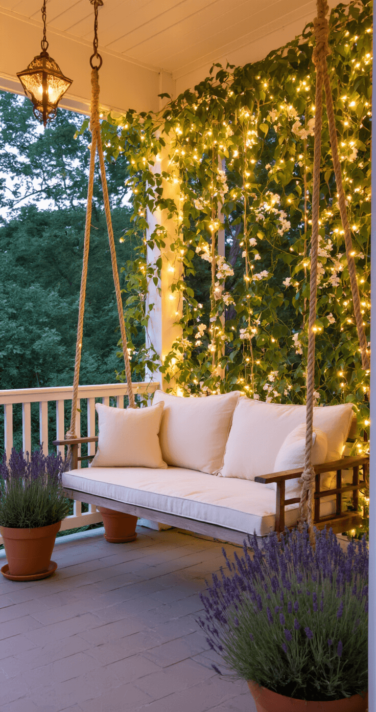An intimate side porch scene at dusk, featuring a handcrafted wooden swing with cream cushions, warm white fairy lights intertwined with jasmine, vintage copper lanterns casting a soft glow, and terracotta pots of lavender in the foreground.