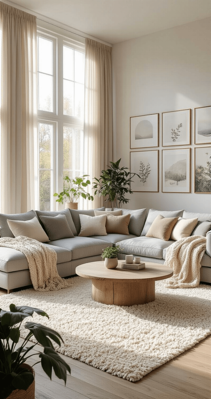 A spacious living room with high ceilings, large windows, and warm afternoon sunlight filtering through sheer curtains. It features a plush grey L-shaped sectional with pastel throw pillows, a chunky knit blanket, a round weathered wood coffee table, and a fluffy cream area rug. Potted plants and a gallery wall of nature-inspired prints enhance the inviting atmosphere, captured from an elevated camera angle near the doorway.