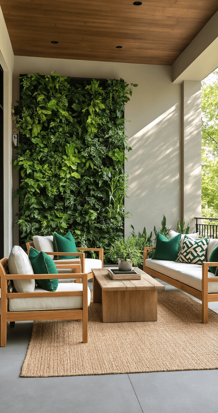A modern covered porch interior with a vertical garden wall, clean-lined teak furniture in a conversational arrangement, geometric emerald and brass pillows, exposed beams, and dynamic shadow patterns from natural light through privacy screens, all on concrete flooring with a large jute area rug.