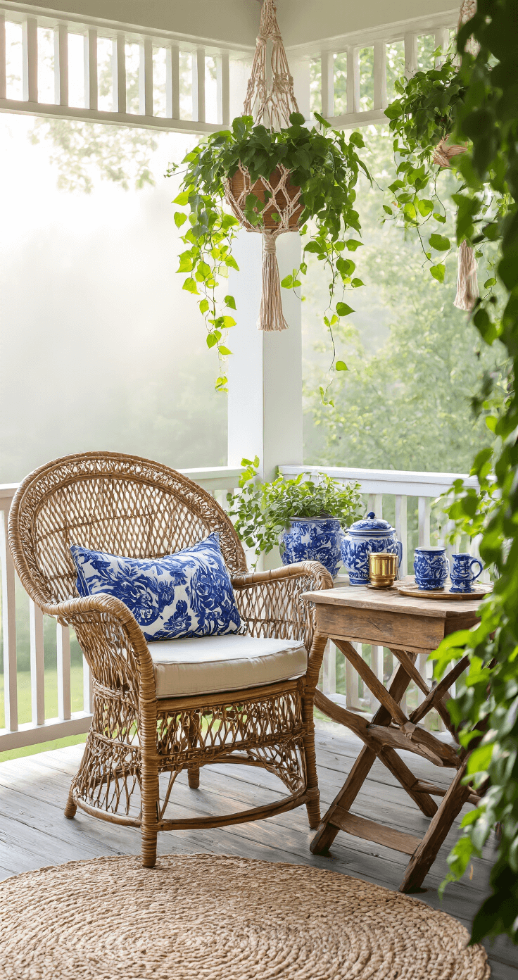 Intimate breakfast nook on a corner porch with a vintage rattan peacock chair and rustic wooden side table, styled with maritime blue ceramics and brass accessories, macramé plant hangers, pothos plants, and morning mist creating a soft focus effect.