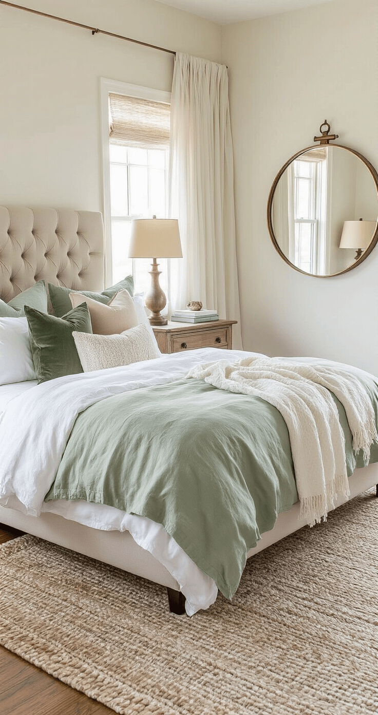 A cozy 12x12ft bedroom featuring a king-size bed with a tufted linen headboard, dressed in white and sage green bedding, surrounded by textured pillows. A weathered wood nightstand with a table lamp and books sits beside the bed, while sheer curtains flutter by the floor-to-ceiling windows. A large circular brass-framed mirror reflects the serene space, all illuminated by soft, diffused morning light.