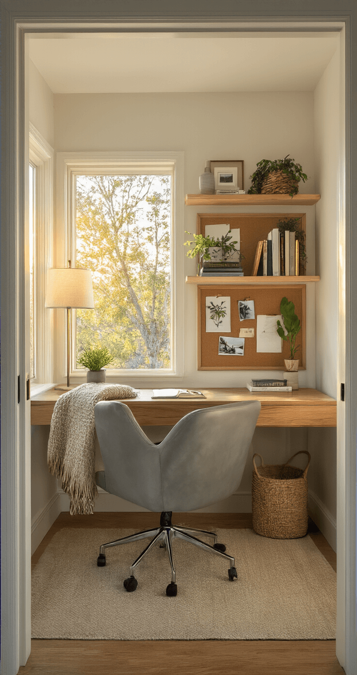 A cozy 10x10ft home office nook bathed in golden hour sunlight, featuring a sleek wooden desk, ergonomic grey leather chair, textured throw blanket, floating shelves with books and plants, a cork board with notes, and a floor lamp, all in earthy tones.
