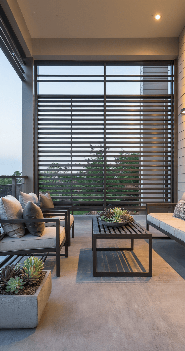 A contemporary screened porch at twilight featuring brushed bronze and matte black mixed metal furniture, oversized floor lanterns, and sculptural succulents in concrete planters, with horizontal slat privacy screens casting dramatic shadows, showcasing clean lines and modern materials enhanced by subtle uplighting.