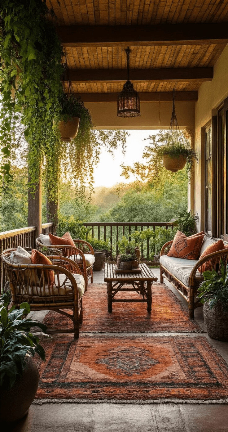A cozy Bohemian-inspired porch featuring vintage Moroccan rugs, a bamboo lounger with mud cloth pillows, and hanging brass planters with trailing vines, all beautifully illuminated by the golden hour light.