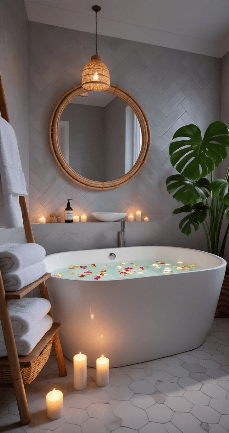 A serene twilight bathroom with a freestanding white porcelain tub filled with steaming water and flower petals, surrounded by candlelight, plush towels on a wooden ladder shelf, a large monstera plant in the corner, soft grey herringbone wall tiles, hexagonal marble floor tiles, and a round bamboo-framed mirror above a floating vanity with a vessel sink, viewed from the doorway.
