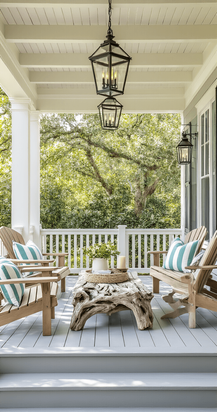 A coastal-themed wraparound porch featuring weathered teak Adirondack chairs with seafoam and white striped cushions, a driftwood coffee table, and hurricane lanterns with flameless candles, shot from the porch steps to highlight the transition from garden to living space, illuminated by natural diffused light through a pergola.