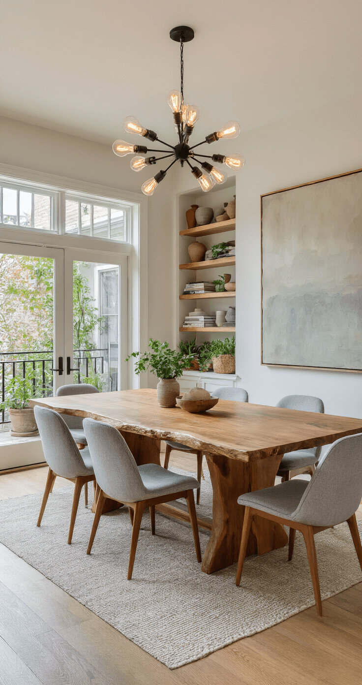 A cozy dining area featuring a large wooden table with live edge, surrounded by mid-century modern grey upholstered chairs, illuminated by a statement chandelier. Floor-to-ceiling built-in shelving displays ceramics, books, and plants, with French doors leading to a balcony of potted herbs, all bathed in soft evening light. An abstract painting in muted tones adorns the opposite wall.