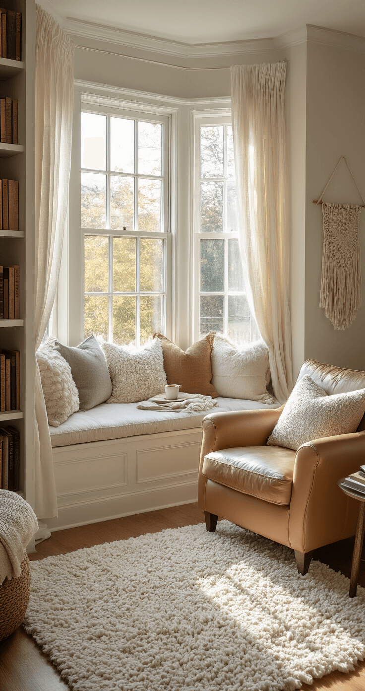A cozy reading nook featuring a bay window with a plush window seat, an oversized leather armchair, and a small side table with tea, all bathed in warm late morning light. Floating bookshelves, a macramé wall hanging, and a soft shaggy rug complete the serene atmosphere.