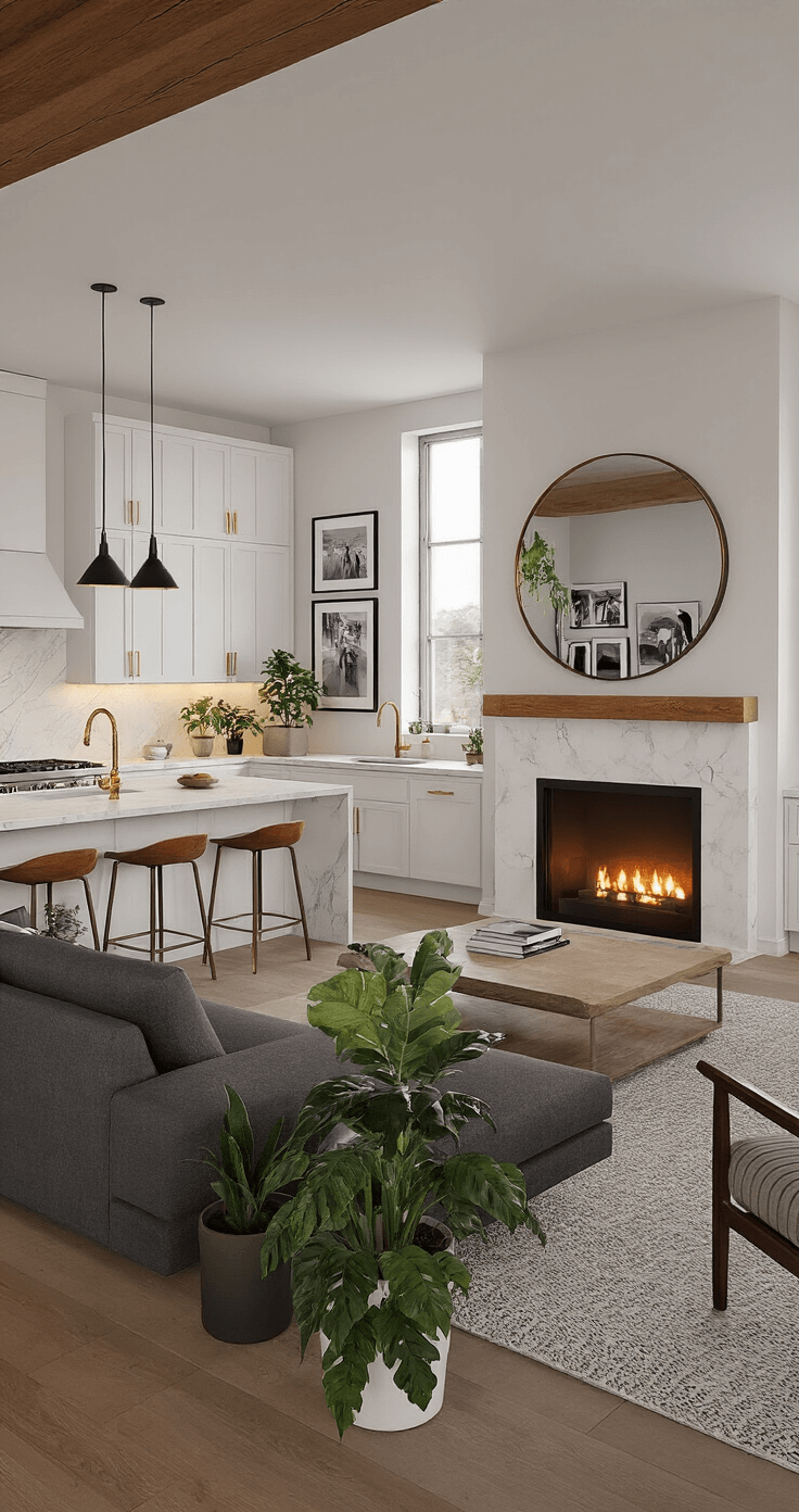 An elegant open-concept kitchen and living area at dusk, featuring sleek white cabinets, marble countertops, a large island with wooden barstools, a charcoal grey sectional, a statement fireplace, warm ambient lighting, and a gallery wall of black and white photographs, infused with greenery and warm wood tones.