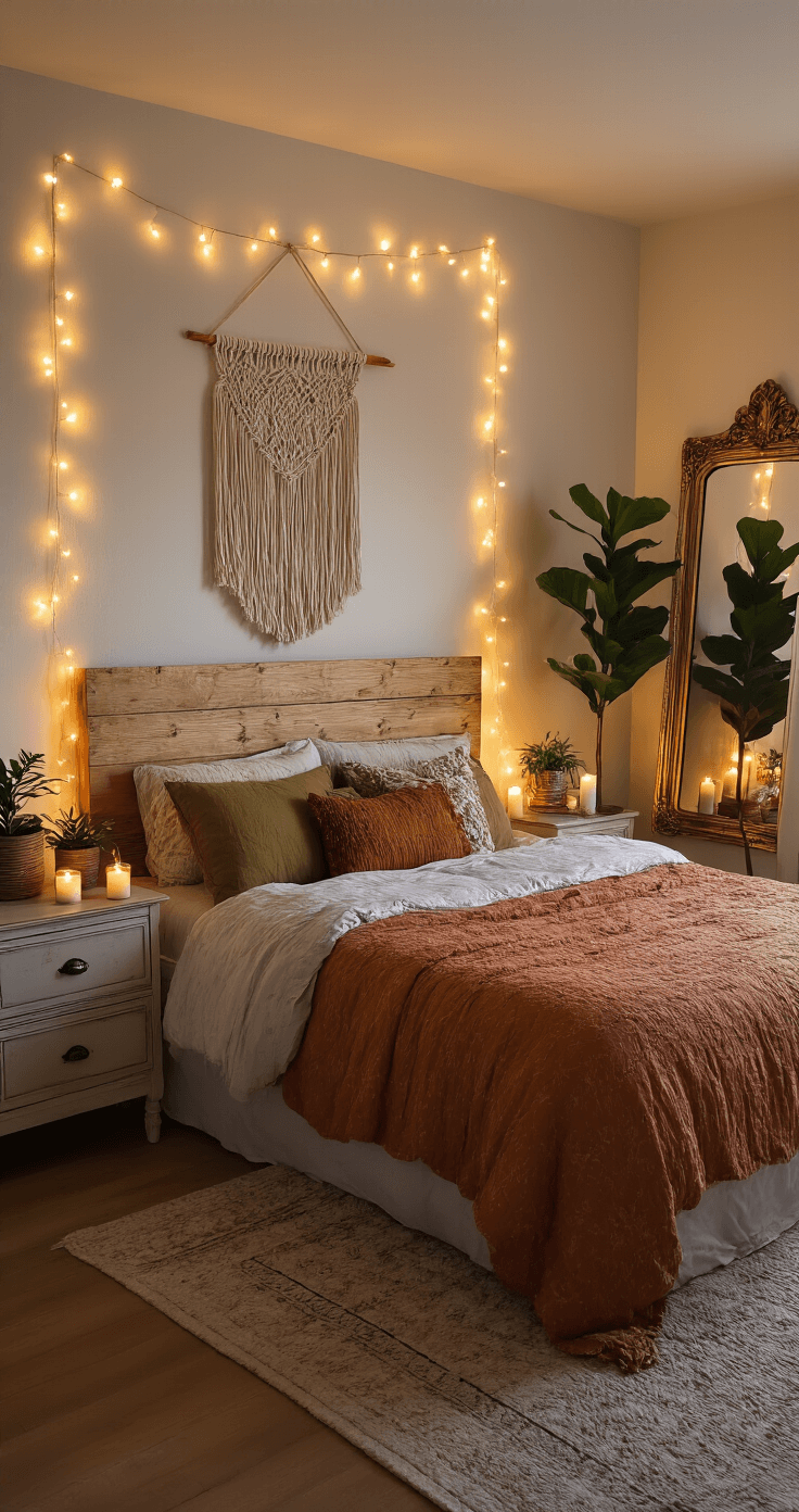 A cozy 10x12 ft bedroom at dusk illuminated by string lights and candles, featuring a DIY floating wooden headboard with macramé and plants, a queen bed with bohemian textiles in earthy tones, a distressed gold-framed mirror reflecting warm light, and a vintage dresser with decorative objects and a fiddle leaf fig.
