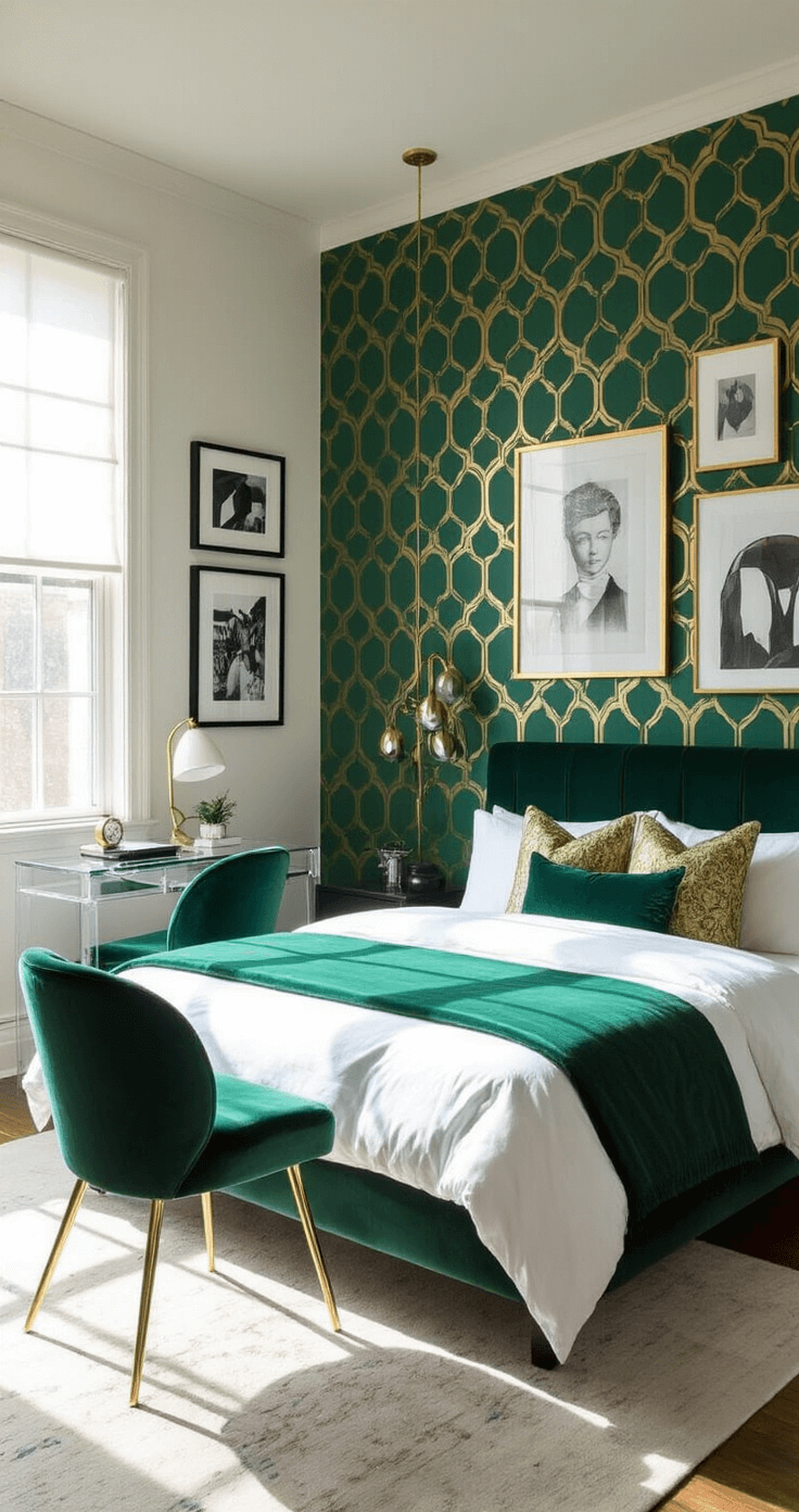 A chic bedroom featuring an emerald green wallpaper accent wall, a matte black low-profile bed with white linens and gold accents, a gallery wall of black and white prints with gold frames, and a lucite desk with a velvet chair, all illuminated by morning sunlight.