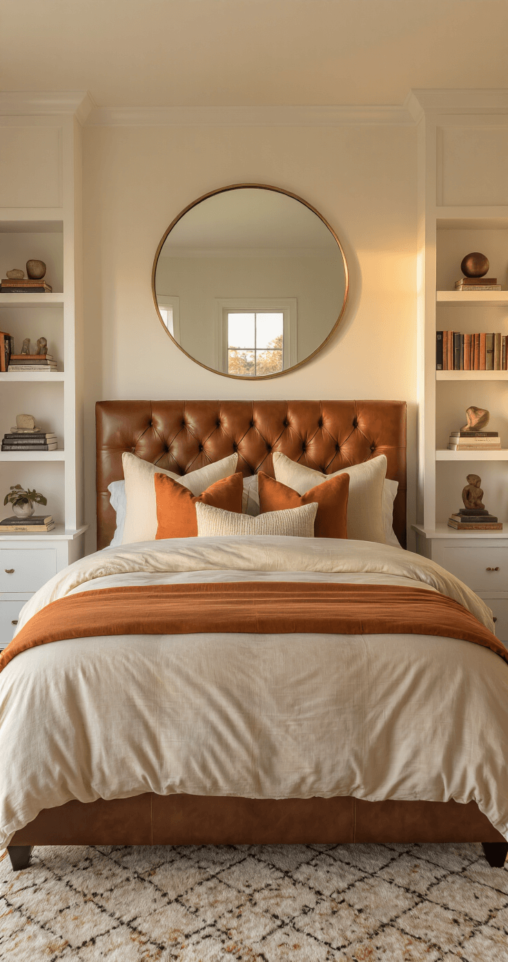 A cozy bedroom featuring a tufted leather headboard, luxurious bedding in cream, taupe, and burnt orange, a large round brass-framed mirror, floating shelves with books and sculptures, and a plush geometric area rug, all bathed in warm sunset light.