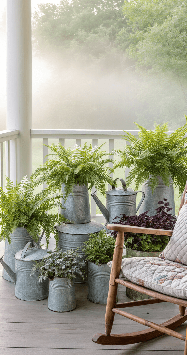 An intimate corner of a wraparound porch at dawn features vintage galvanized watering cans as planters with white ferns, silver dusty miller, and deep purple heuchera, surrounded by morning mist. A natural wood rocking chair with a worn quilted cushion adds charm to the scene, all captured in soft focus with a dreamy atmosphere.