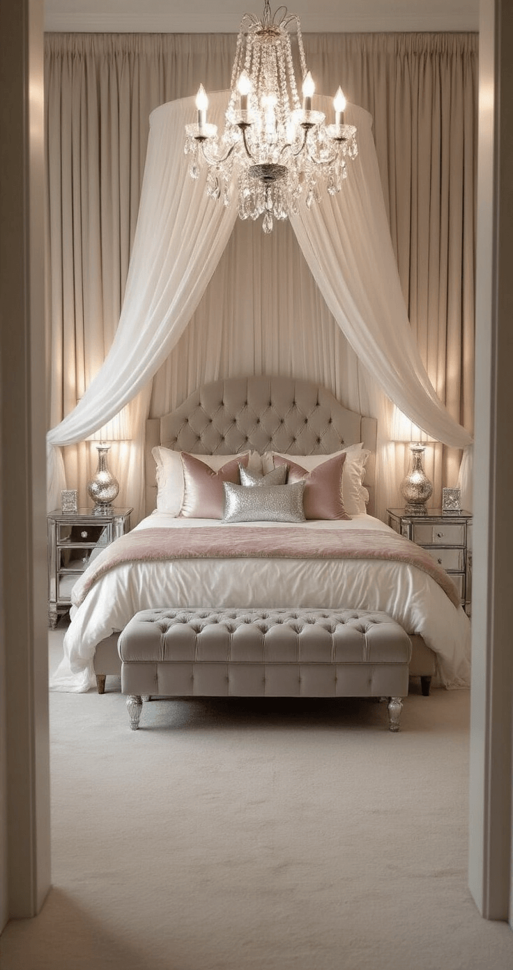 Glamorous 12x14 ft bedroom featuring a dramatic canopy bed with sheer drapery, plush velvet pillows, mirrored nightstands with mercury glass lamps, and a tufted ottoman, all illuminated by a crystal chandelier and framed by champagne silk curtains.