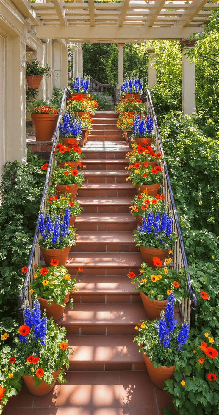 Bird's eye view of a grand Victorian porch staircase adorned with terracotta pots of vibrant flowers, including red poppies, blue delphiniums, and orange and yellow nasturtiums, with dappled sunlight creating dynamic patterns through an overhead pergola.