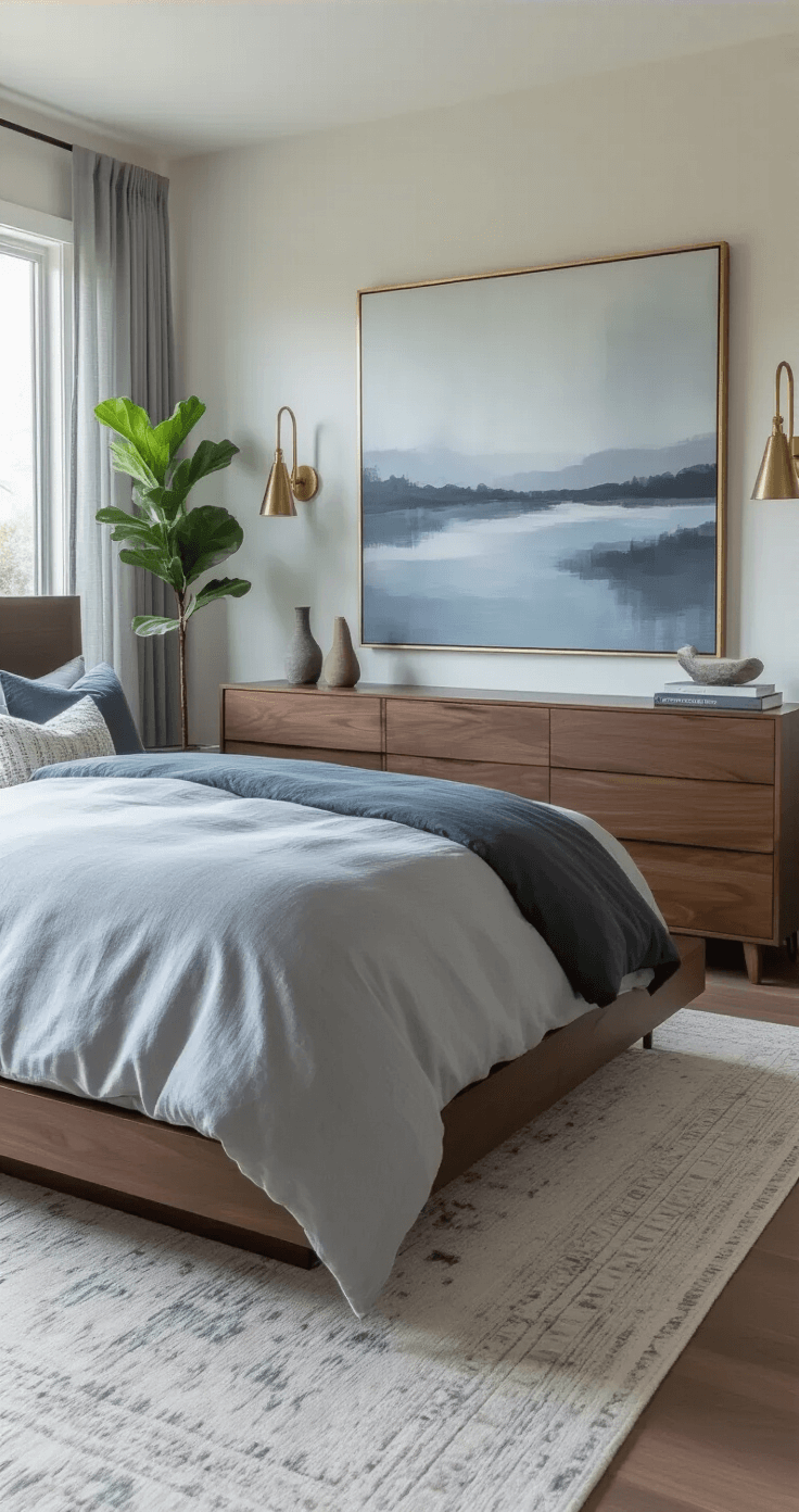 A modern bedroom featuring a dark walnut platform bed with layered linen bedding in charcoal, slate, and ice blue. An abstract painting in cool tones hangs above, flanked by minimalist brass sconces. A sleek dresser showcases sculptural objects and a tall fiddle leaf fig, while sheer grey curtains filter in soft morning light, creating a serene atmosphere.