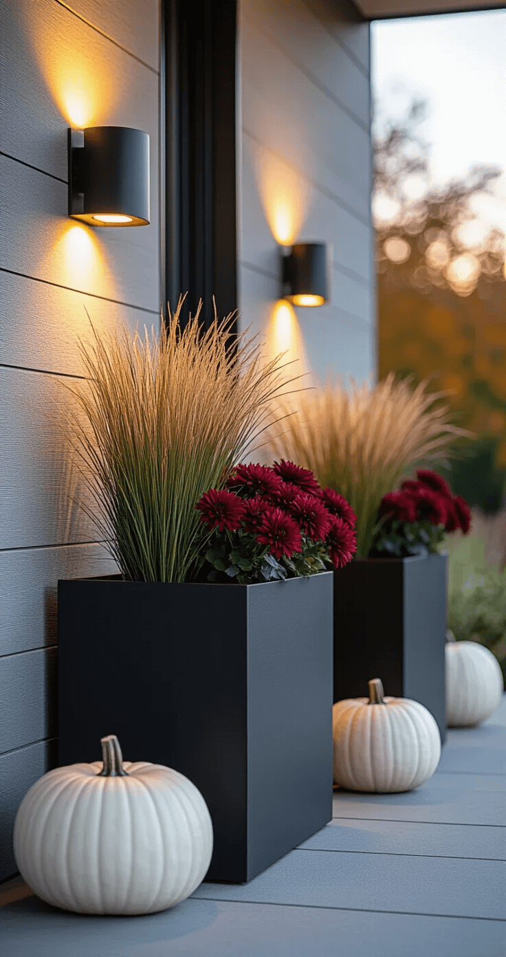 Eye-level detail shot of a modern porch corner at twilight, featuring three matte black rectangular planters of varying heights filled with ornamental grasses, burgundy mums, and white pumpkins, illuminated by warm outdoor sconces.