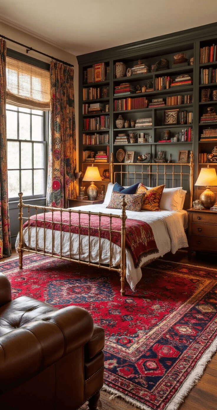An eclectic bedroom featuring a vintage brass bed with jewel-toned textiles, a large Moroccan-style rug, floor-to-ceiling bookshelves filled with colorful books and decor, and a cozy reading nook with a leather armchair, all illuminated by warm table lamps.