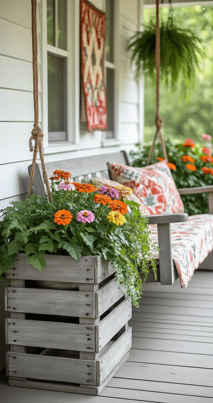 A rustic farmhouse porch swing area featuring weathered gray wooden crates filled with cascading English ivy, vibrant zinnias, and delicate asparagus fern, all bathed in natural midday light, with vintage quilts adding a homey touch in the background.