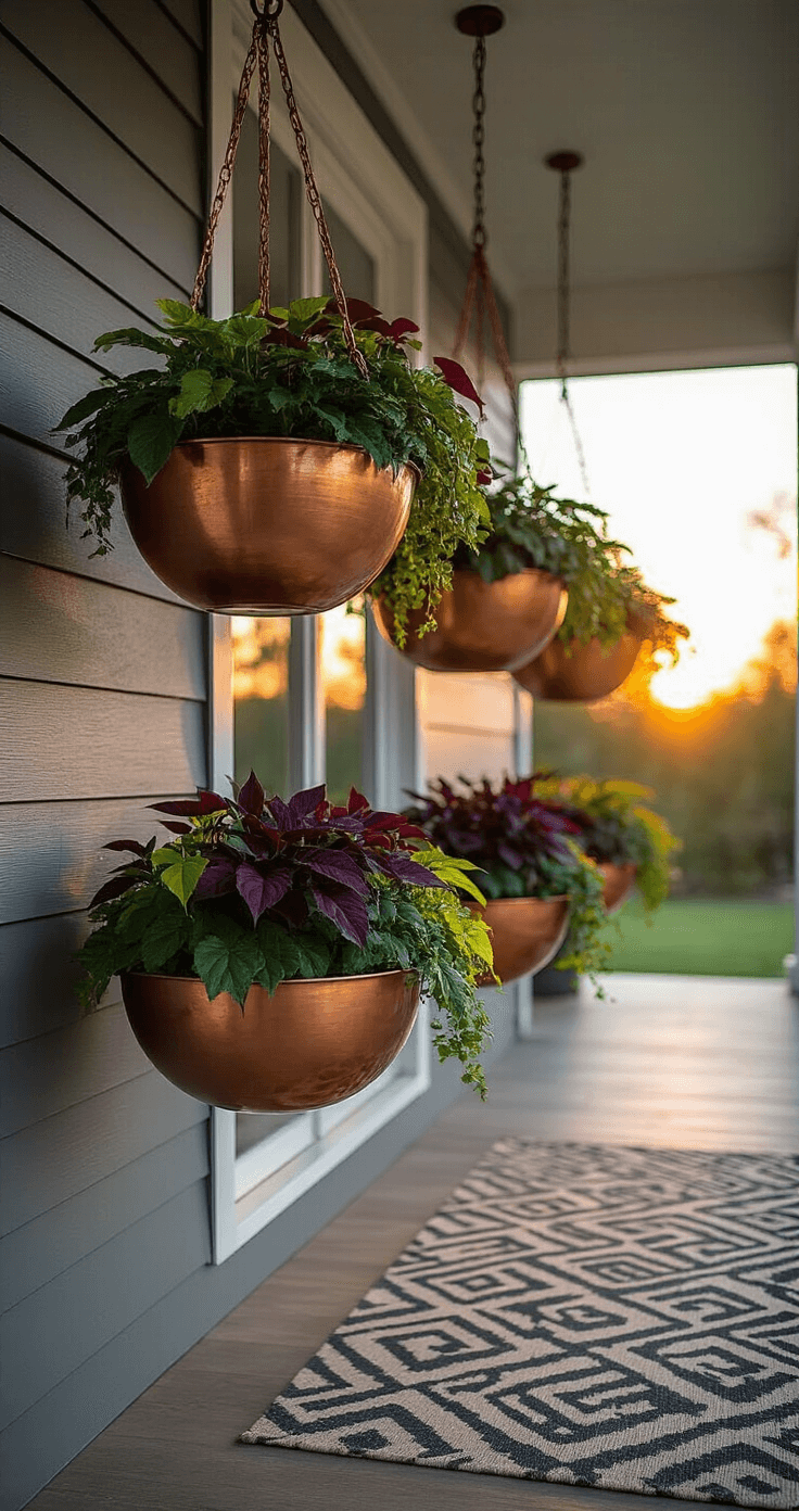 Low-angle view of a modern covered porch at sunset, featuring hanging copper bowl planters filled with burgundy, chartreuse, and purple coleus, warm copper tones glowing against gray walls, and a geometric outdoor rug below, all illuminated with cinematic lighting.