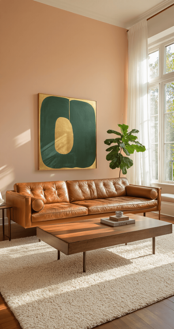 A sunlit living room with peach fuzz walls, featuring a mid-century modern leather sofa, brass accents, sheer white curtains, and a large abstract artwork in deep green and gold, complemented by a textured cream rug, walnut coffee table, and fiddle leaf fig plant, all captured in a warm and inviting atmosphere.