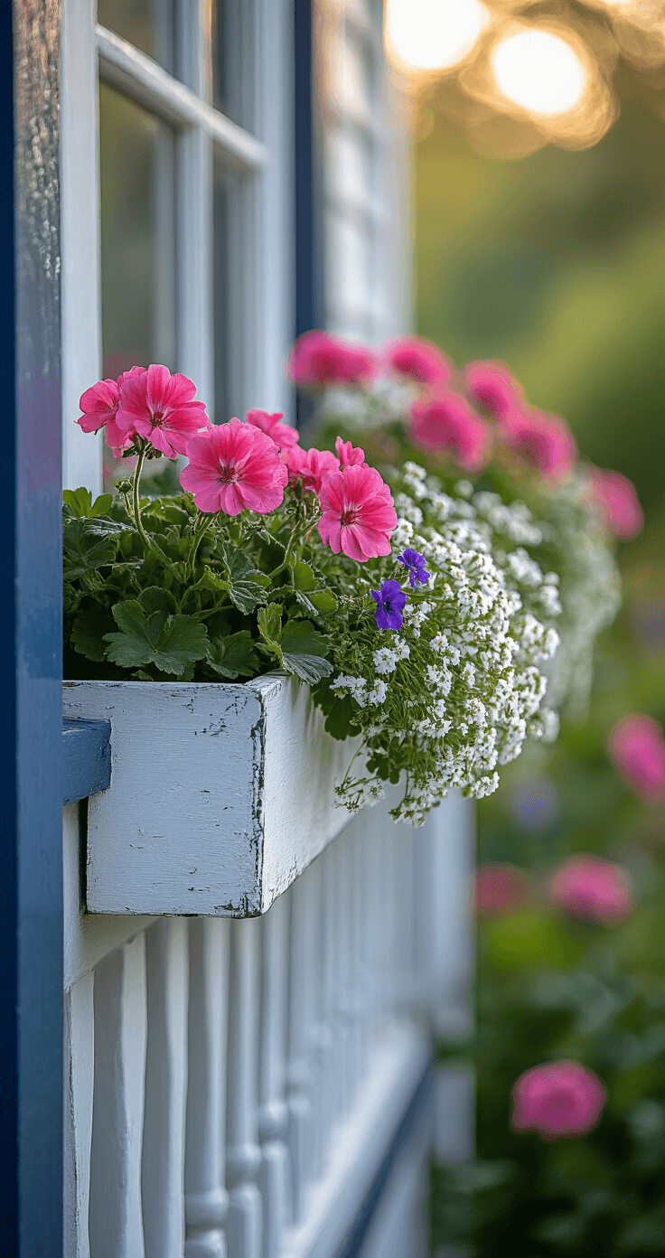 Close-up portrait of a cottage porch railing at dawn, featuring antique window boxes in peeling white paint adorned with pink geraniums, white alyssum, and purple verbena. Morning dew glistens on the flowers, with a soft bokeh effect from climbing roses in the blurred background.