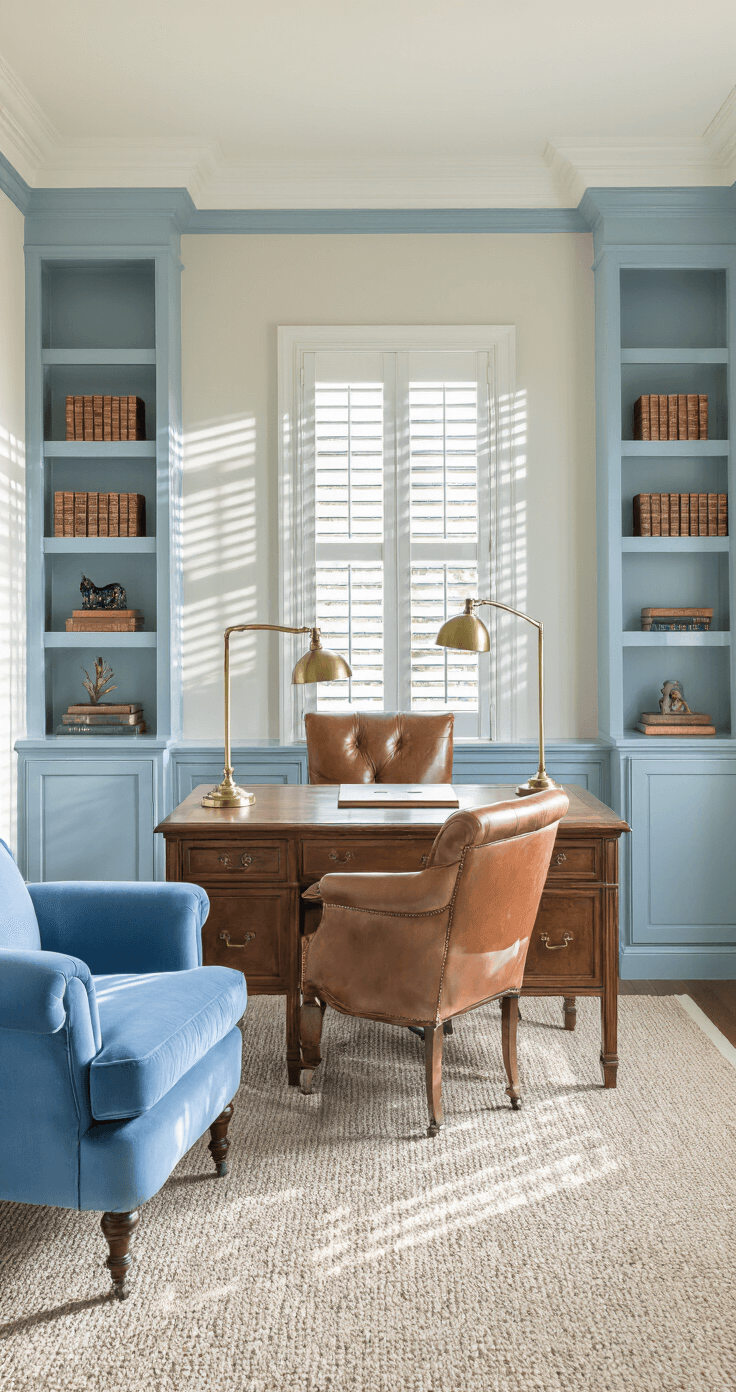 A serene home office featuring built-in powder blue bookshelves, a vintage wooden desk with a cognac leather chair, and a periwinkle blue velvet armchair by a brass floor lamp, all bathed in late afternoon light streaming through plantation shutters, with cream walls enhancing the airy atmosphere.