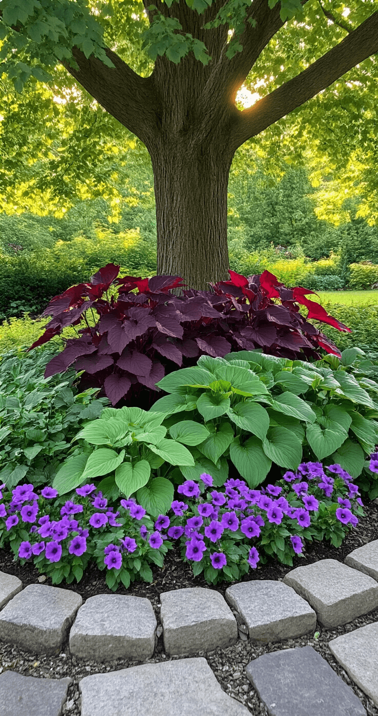 A serene shade garden featuring layered plants, including tall burgundy coral bells, medium blue-green hostas, and a carpet of purple-flowering impatiens, beneath a mature maple tree at golden hour, with dappled sunlight and natural stone edging.