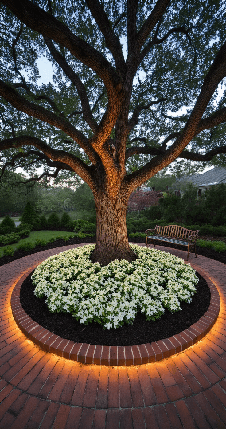 Dramatic twilight scene of a perfect 12ft diameter tree ring around an old oak, with warm copper-toned brick edging, white pachysandra ground cover, and a vintage wrought iron bench, shot from an elevated angle showcasing circular geometry and mysterious shadows.