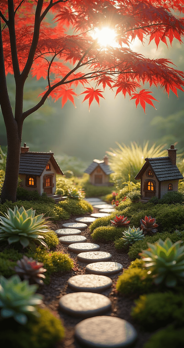 A whimsical fairy garden bathed in bright morning sunlight, featuring miniature cottages surrounded by dwarf ornamental grasses and tiny succulents. Natural stepping stones create a winding path through the scene, while delicate morning dew glistens in a macro perspective at fairy-eye-level. The soft-focus background showcases vibrant red maple leaves against a palette of sage green, morning mist gray, and earthy browns.